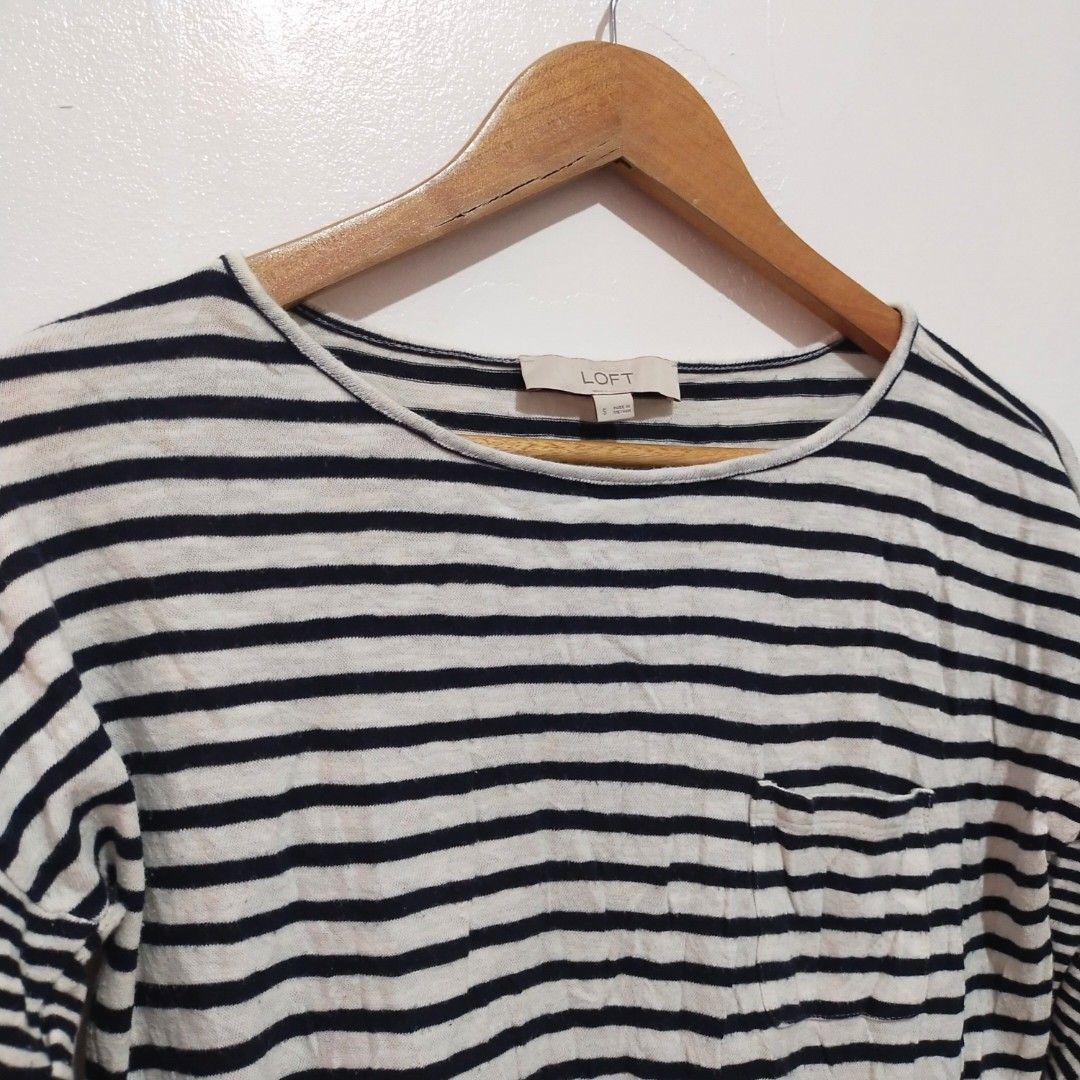 LOFT Striped Long-Sleeve Pocket Tee (Navy/White) (Category: Longsleeves) located in Subic. Submitted by mustardt_ (Listing ID 1461851867, Image 2). Description: A lightweight long-sleeve top with navy and white horizontal stripes, featuring a single chest pocket and a curved hem size: 20.5in x 22in code: c734.