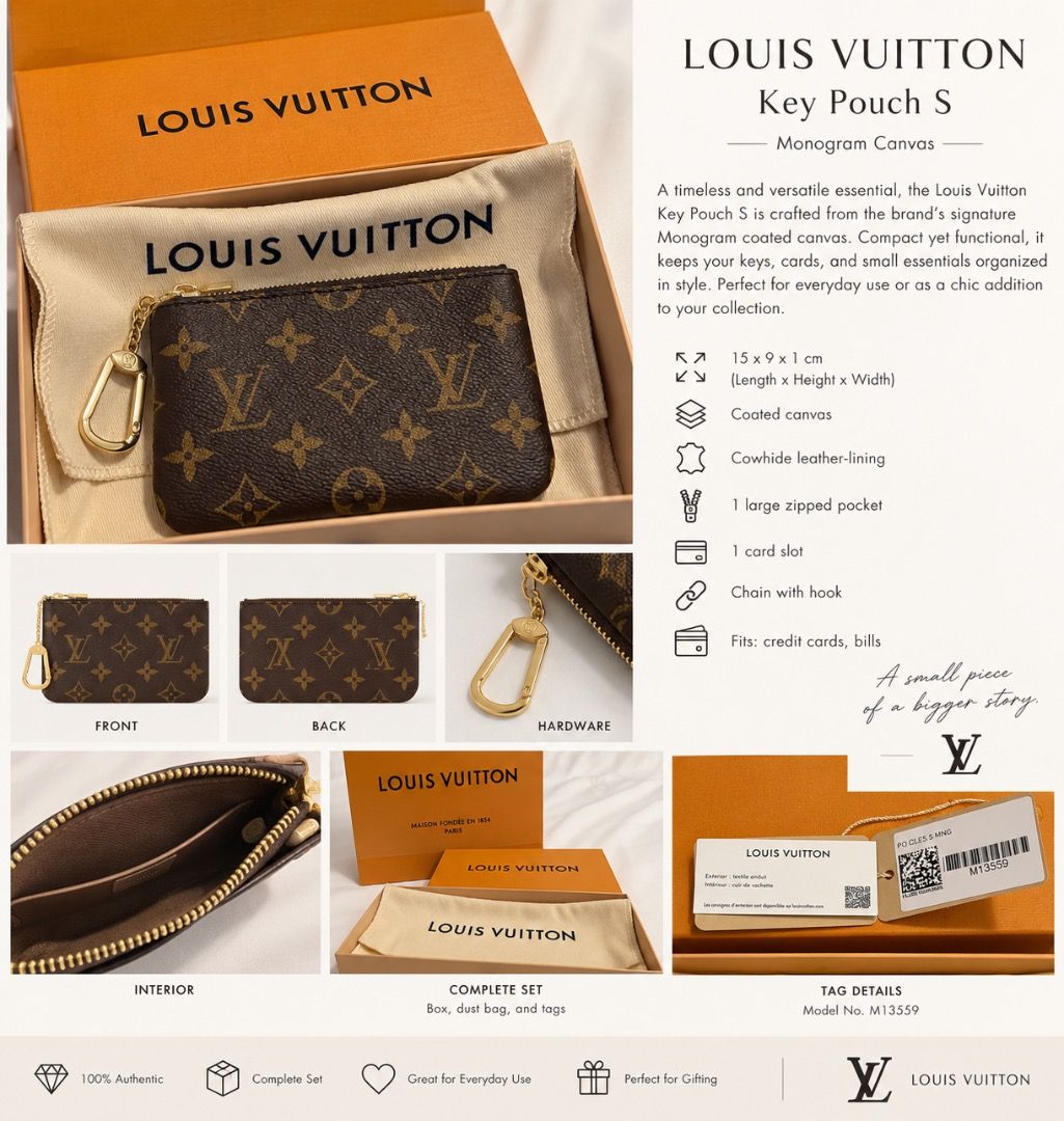 Louis Vuitton Key Pouch S in Monogram Canvas (Category: Luxury Bags & Wallets) located in Marikina City. Submitted by ogoluxury (Listing ID 1461832269, Image 1). Description: Authentic Louis Vuitton Key Pouch S in Monogram Canvas, model M13559. 🤎 Store-bought | Never Used | Brand New Condition Details: * Louis Vuitton Key Pouch S * Monogram coated canvas * Model: M13559 * Size: 15 × 9 × 1 cm * Gold-tone hardware * Gold-tone chain with hook * 1 l