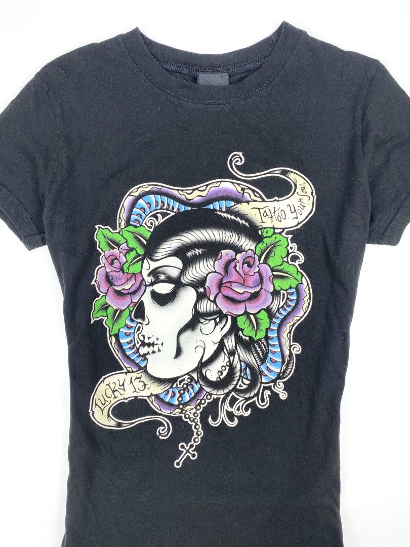Lucky 13 Graphic Tee (Category: Shirts) located in Angeles City. Submitted by fruits.ph (Listing ID 1461892880, Image 2). Description: Measurements B:16” W:14.5” L:24.5” Size on Tag: S Best Fit: M-XL *Flat lay measurements* Mannequin Size: M (34”; 25”) Color Rate: 10/10 Flaws: None Fabric Type: Cotton/ Stretchable Fabric ***Color may vary due to lighting. This item is properly washed and disinfected.*** .