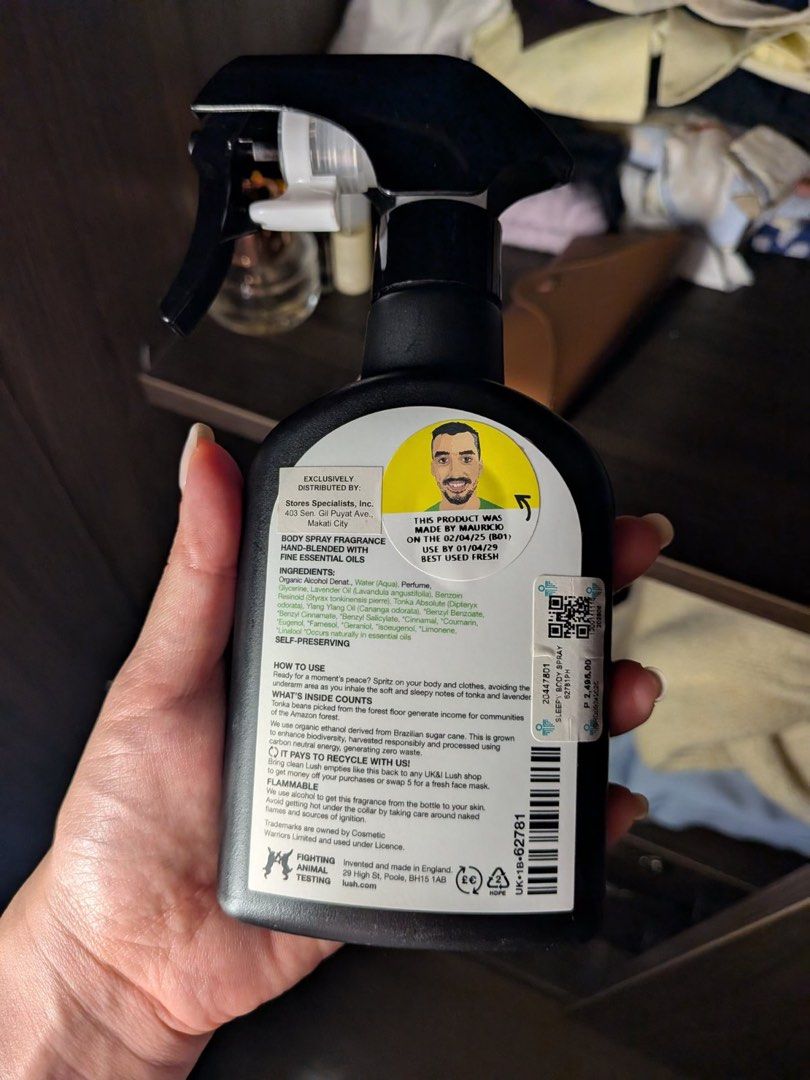 LUSH sleepy body spray (Category: Fragrance & Deodorants) located in Muntinlupa City. Submitted by pearlyshelles (Listing ID 1461972973, Image 2). Description: - used less than 5 sprays - bought from LUSH store itself (Php 2,495). See price tag in photo RFS: decluttering.