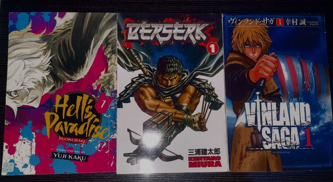 Manga Bundle (Pwede Individual) (Category: Comics & Manga) located in Valenzuela. Submitted by rainshia0792039 (Listing ID 1461838281, Image 1). Description: Set Discounted Sale po!!! Take all for P249 only Individual Price if break set Berserk - 99 Php Hells Paradise - 99 Php Vinland Saga - 99 Php .