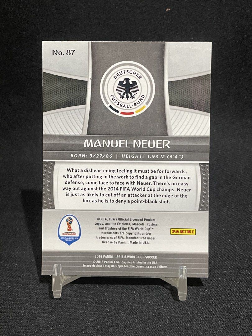 Manuel Neuer World Cup Prizm 2018 (Category: Raw Singles) located in Muntinlupa City. Submitted by shiganshina_collectibles (Listing ID 1461940057, Image 2). Description: Football Soccer Fifa Card Loc: Quezon city MoP: GCash or Maya MoD: LBC or Lalamove.