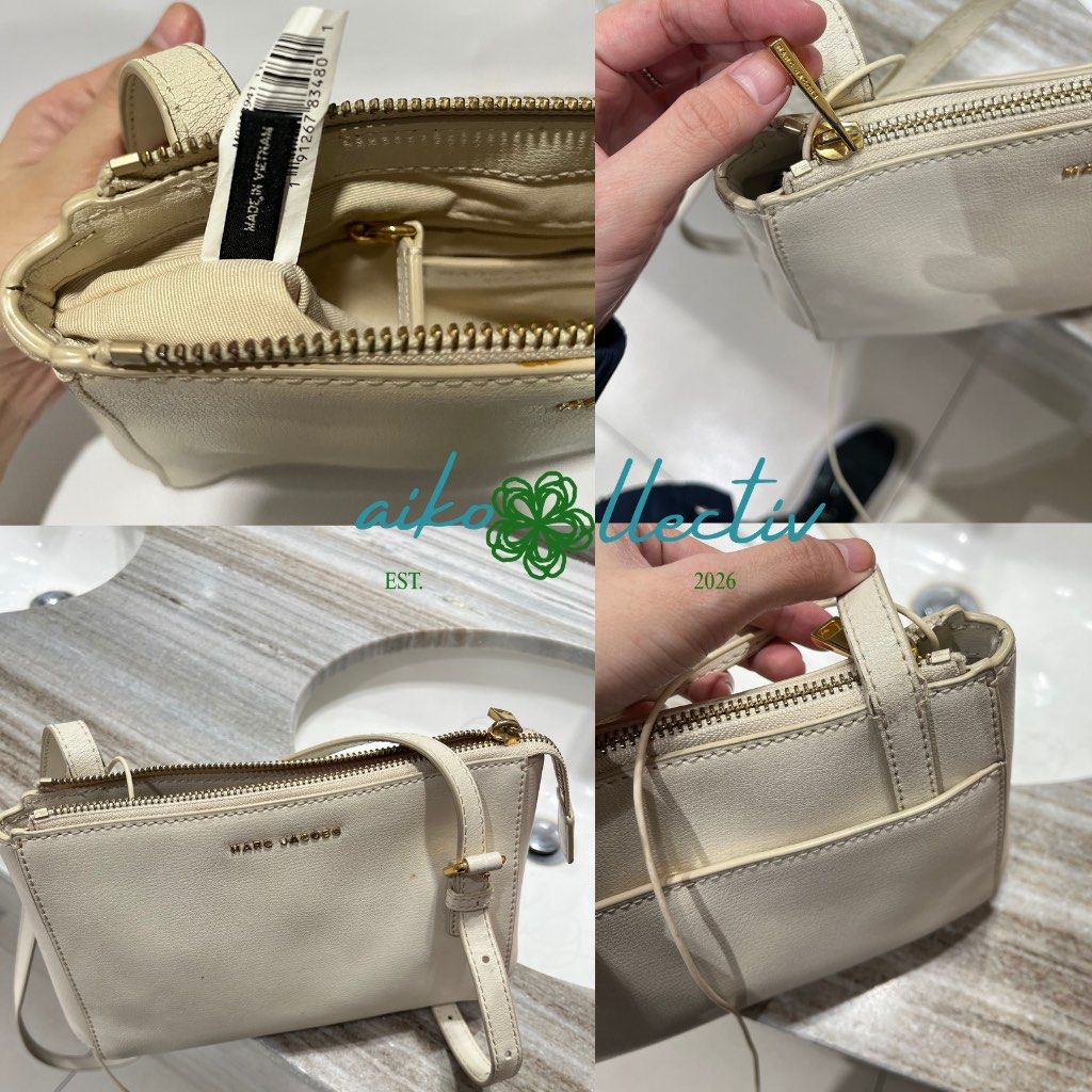 Marc Jacobs Commuter Leather Crossbody Bag (Category: Luxury Bags & Wallets) located in Quezon City. Submitted by aikollectiv (Listing ID 1461899841, Image 2). Description: - Authentic Marc Jacobs white leather crossbody bag - Elegant gold hardware details - Secure zipper closure with an interior pocket - Adjustable strap for comfortable wear - Ideal for everyday use - Dimensions: Approximately 8 inches wide x 6 inches tall.