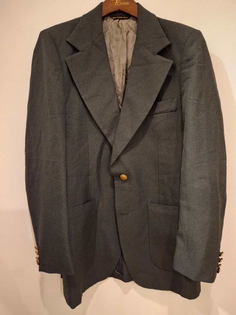 Mens Grey Vintage Blazer (Category: Coats, Jackets and Outerwear) located in Baguio. Submitted by give_fad15730 (Listing ID 1461891939, Image 1). Description: - PHP.450.00 -S:16in. -W:19in. -L:30in. -Arm:24.5in. -Vintage Dark grey tailored blazer - Two-button front closure - Gold-tone buttons on front and cuffs - Fully lined interior - Dry clean only - Ideal for smart casual or formal occasions.