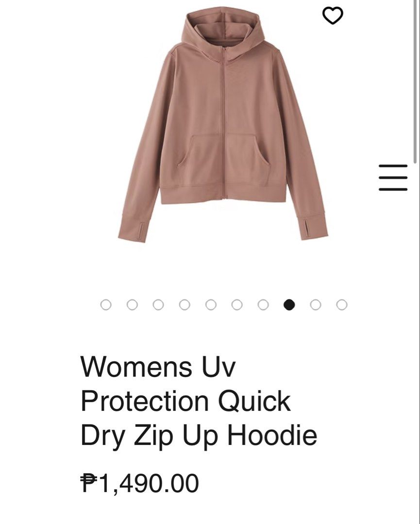 MUJI Hoodie Jacket (Category: Coats, Jackets and Outerwear) located in Makati City. Submitted by bebopthelula (Listing ID 1461914072, Image 3). Description: MUJI UV Quick Dry Jacket / Zip-up Hoodie - Smoky pink color - Size M but fits up to L - Versatile for everyday wear - With thumbholes on sleeves - Bought from Power Plant Mall - Used less than 5 times - No flaws *Photos from Muji website; actual photos available upon request .
