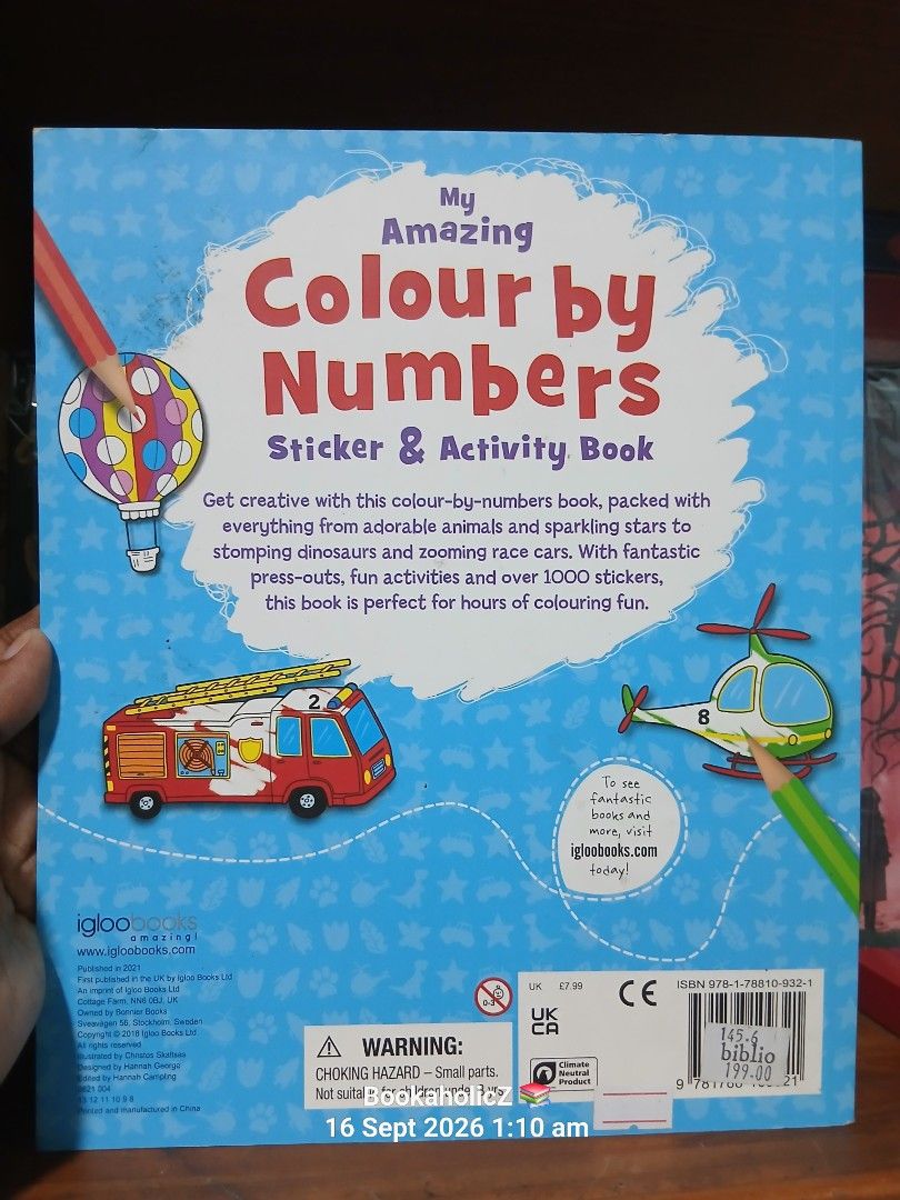 My Amazing Colour by Numbers Sticker & Activity Book (Category: Children's Books) located in Antipolo. Submitted by bookaholicz_dettori (Listing ID 1461990966, Image 2). Description: - Engaging colour-by-numbers book for creative fun. - Features a wide variety of themes: adorable animals, sparkling stats, stomping dinosaurs, and racing cars. - Includes exciting press-out activities. - Packed with fun activities to keep kids entertained. - Comes w