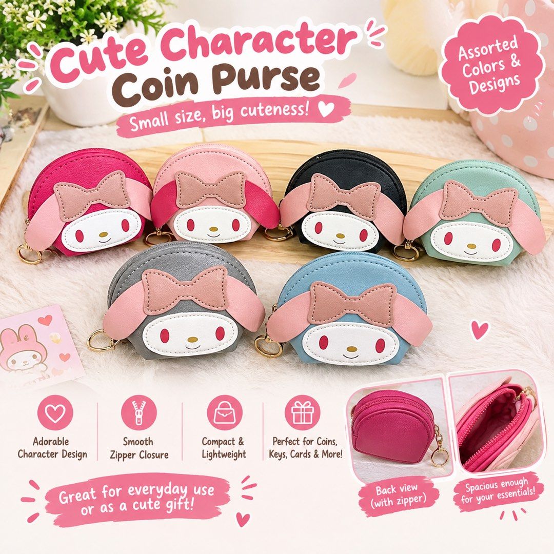 My Melody Coin Purse Mini (Category: Purses & Pouches) located in Quezon City. Submitted by ghessie (Listing ID 1461866993, Image 1). Description: ₱100 each - Adorable My Melody coin purse featuring her iconic face, pink bow, and long ears. - Includes a convenient keychain ring for easy attachment. - Perfect for storing coins, keys, or other small essentials. - Available in a variety of colors: pink, light pink, black, grey, teal, and blue..