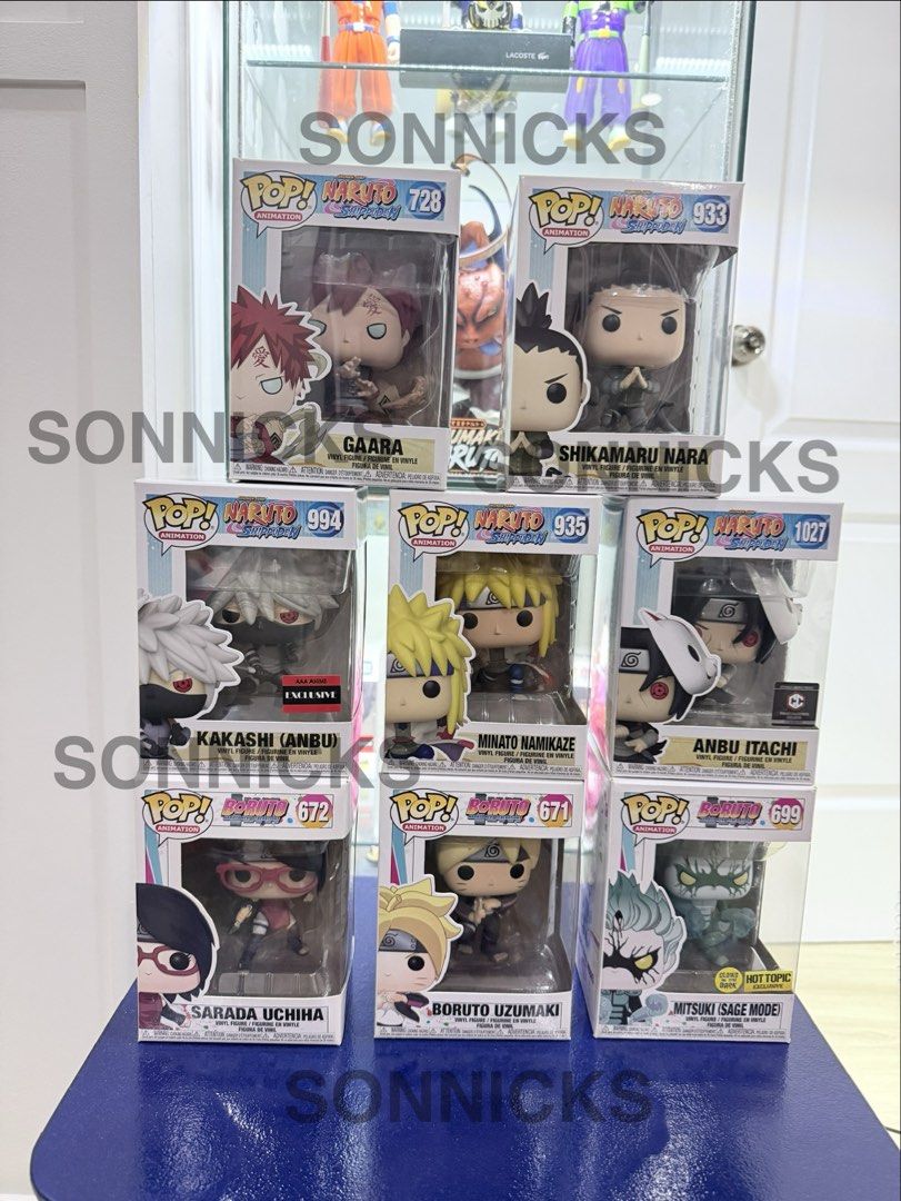 Naruto and Boruto Funko Pop (Category: Designer & Blind Box Toys) located in Quezon City. Submitted by happyquailegg (Listing ID 1461816009, Image 2). Description: Naruto & Boruto Funko Pop Minato Namikaze 935 - SOLD Itachi Anbu Chalice 1027- SOLD Kakashi (anbu) AAA 994- SOLD Gaara 728- ₱600 Shikamaru 933- SOLD Boruto Uzumaki 671 - ₱450 Mitsuki sage GITD Hot Topic 699- 1300 Sarada Uchiha 672- ₱450 All in 9/10 condition Free Dice/Boss Protector Lo