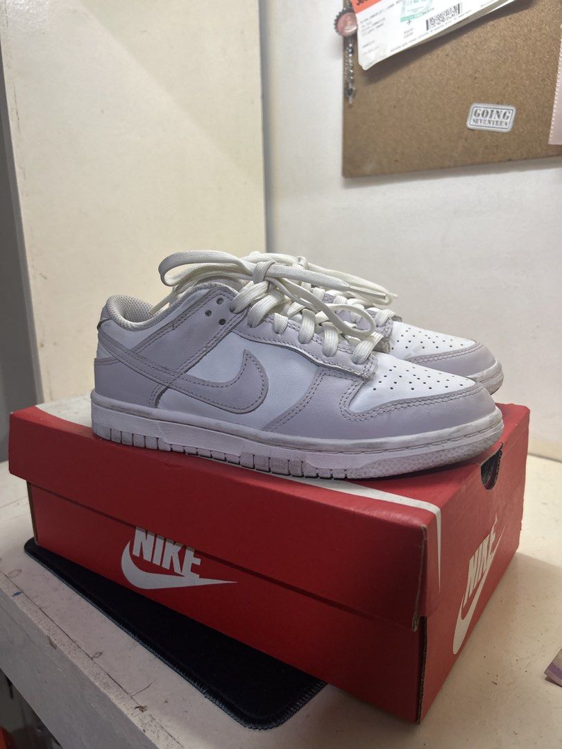 Nike Dunk Low Light Purple (Category: Sneakers) located in Manila. Submitted by panemorf1 (Listing ID 1460314604, Image 1). Description: - Nike Dunk Lows - Colorway: White and Light Purple - Size: 5 - Includes Original Box - Ideal for casual wear or collecting.