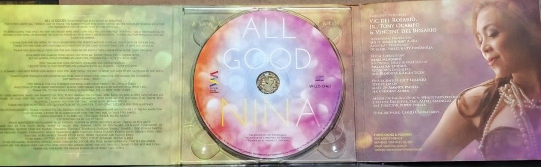 Nina - All Good CD (Category: CDs & DVDs) located in Manila. Submitted by ruelcabrer77078 (Listing ID 1461968500, Image 2). Description: - Nina's 'All Good' album - Released in 2013 by Viva Records - Includes bonus track: 'Don't Say Goodbye' - Features great OPM music - Perfect for collectors and fans.