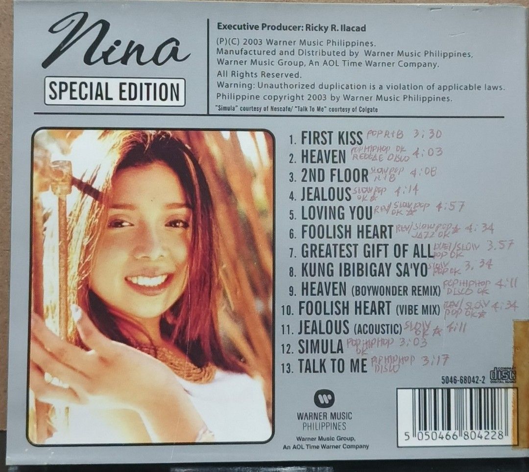 Nina - Heaven Special Edition CD (Category: CDs & DVDs) located in Manila. Submitted by ruelcabrer77078 (Listing ID 1461968090, Image 3). Description: - Nina's Heaven Special Edition CD - Released in 2003 by Warner Music Philippines - Features hit songs: Loving You, Jealous, Heaven - Includes bonus tracks: Jealous (acoustic), Simula, Talk To Me - A must-have for your OPM collection.