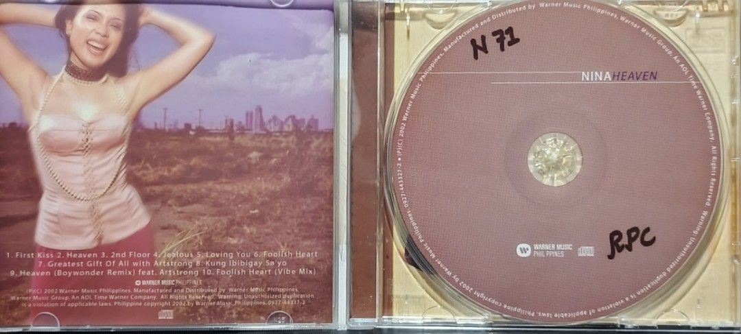 Nina - Heaven Special Edition CD (Category: CDs & DVDs) located in Manila. Submitted by ruelcabrer77078 (Listing ID 1461968090, Image 2). Description: - Nina's Heaven Special Edition CD - Released in 2003 by Warner Music Philippines - Features hit songs: Loving You, Jealous, Heaven - Includes bonus tracks: Jealous (acoustic), Simula, Talk To Me - A must-have for your OPM collection.