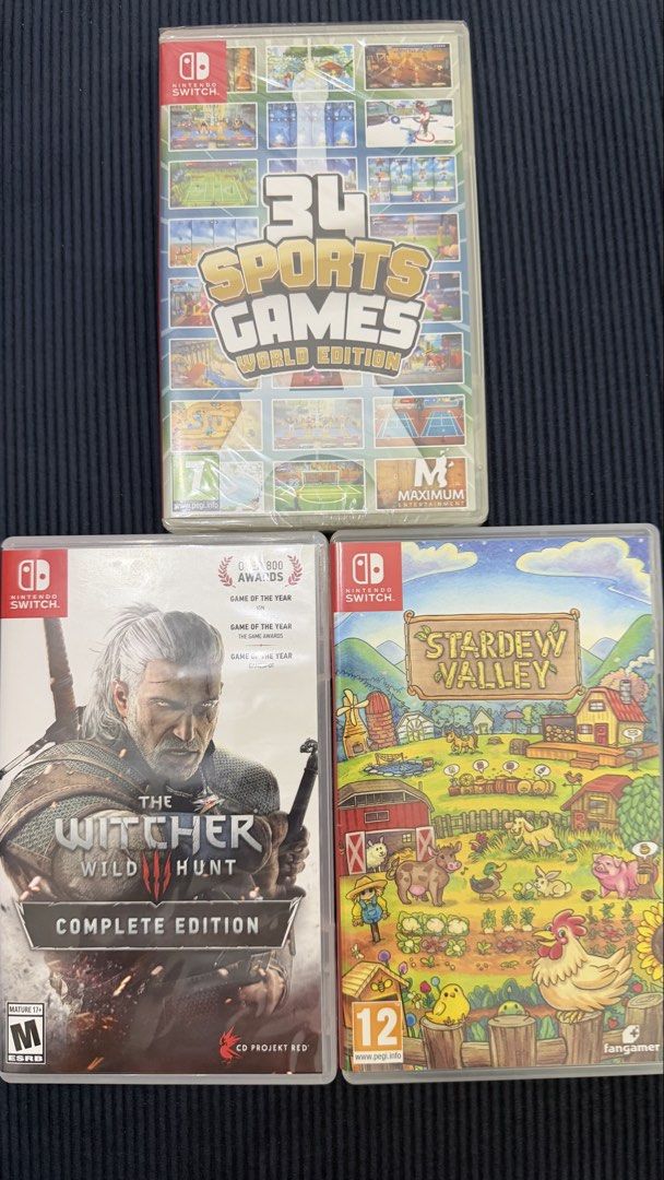 Nintendo Switch Games (Category: Nintendo) located in Manila. Submitted by gloriepine49613 (Listing ID 1461979157, Image 1). Description: Witcher 3 - 1,800 Stardew Valley - 1,500 34 Sports Games (sealed) - 1,000 All 3 - 3,500.
