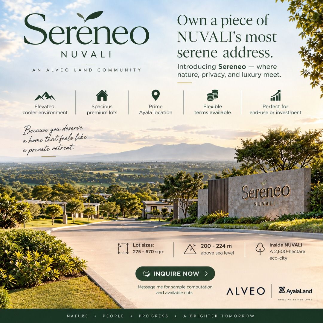 Nuvali Lot for sale (Category: Lot) located in Mandaluyong City. Submitted by safemoon_79656c (Listing ID 1461905659, Image 1). Description: 🌿 SERENEO NUVALI LOTS FOR SALE 🏡 275–670 sqm 💰 From ₱25K/month 📍 Inside NUVALI, Laguna ✨ Elevated + exclusive community 📩 Message me “SERENEO” for details..