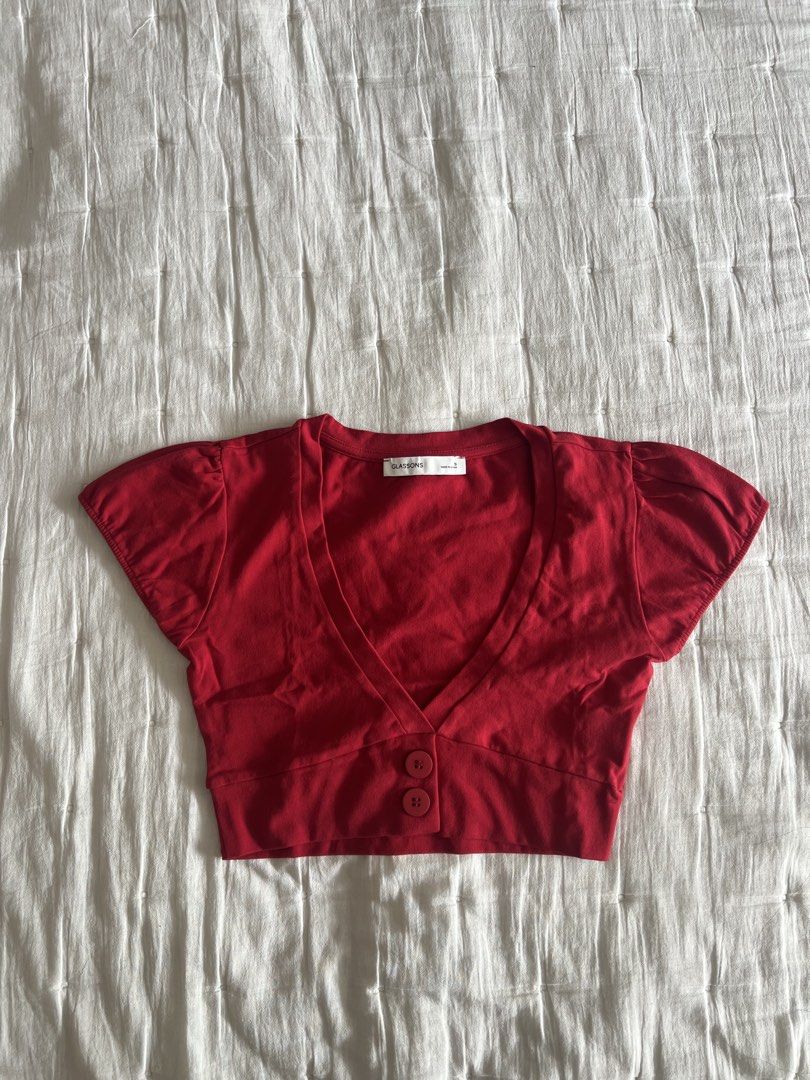 [ONHAND] Glassons - Cropped Button Detail top Red (Category: Blouses) located in Cebu City. Submitted by angel.energyph2 (Listing ID 1461833740, Image 1). Description: 🏷️850 Size S Bust: 35” Waist: 27.5” - Brand new without tag - Button detailing - Short sleeves with elastic - Cropped design - Soft cotton fabrication - Ideal for casual and elevated styling .