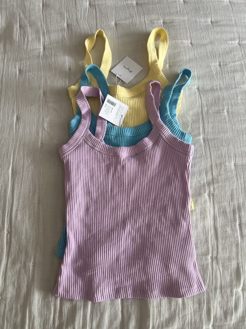 [ONHAND] Supre - Riri Scoop Neck Tank (Category: Sleeveless) located in Cebu City. Submitted by angel.energyph2 (Listing ID 1461836765, Image 1). Description: 🏷️ ₱695 each Size XXS – Yellow * Bust: 31.5” * Waist: 25.5” * Fit: Fitted * Best fits: XS/S Size XS – Lilac * Bust: 32.5” * Waist: 26.5” * Fit: Fitted * Best fits: XS/S Blue - SOLD - Brand new - Sleeveless - Crew neck - Singlet - Fitted - Made with 20% recycled cotton.