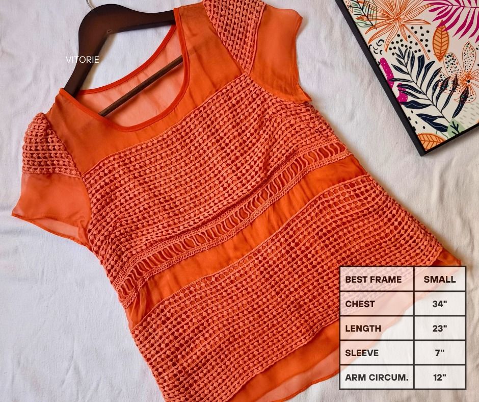 Orange Crochet Sheer Sleeve Top (Category: Blouses) located in Cabuyao City. Submitted by vitorieclothing_lifestyle (Listing ID 1461870650, Image 1). Description: - Trendy orange top with beautiful crochet detailing on the front. - Features elegant sheer short sleeves. - Comfortable round neckline. - Measurements: Chest 34", Length 23", Sleeve 7", Arm Circumference 12". - Best fits a small frame..