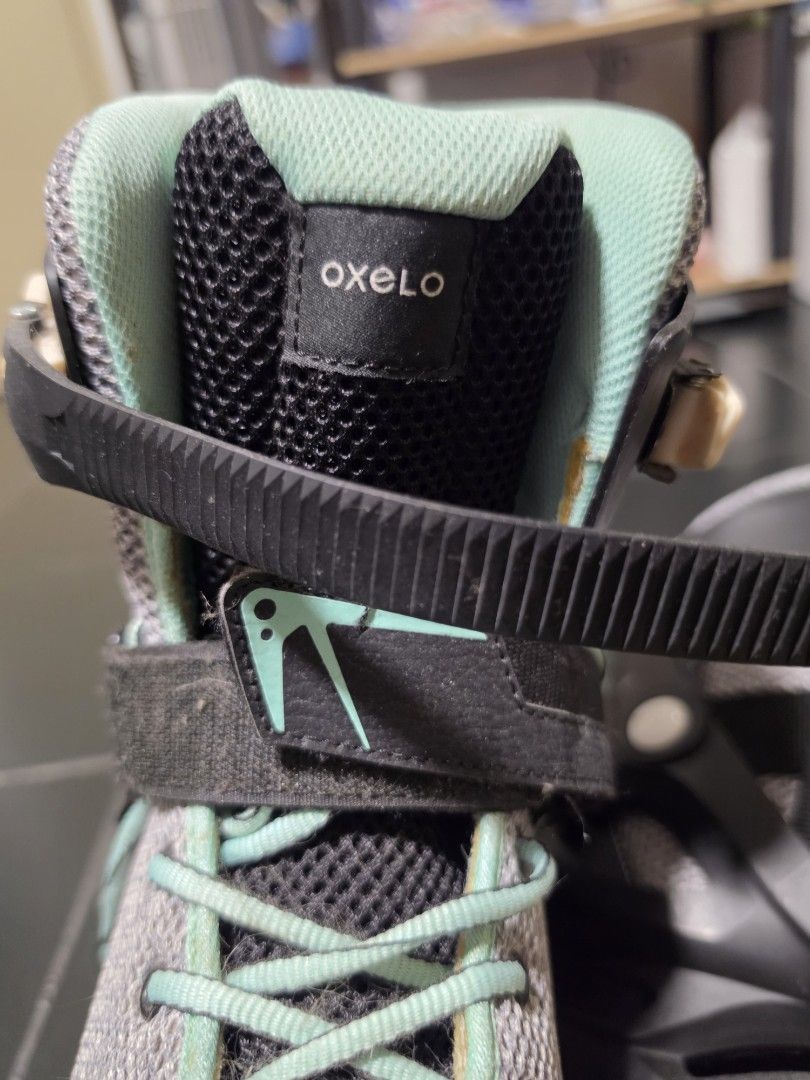 Oxelo Rollerblades (Category: Skates, Rollerblades & Scooters) located in Pasig City. Submitted by dmtp7 (Listing ID 1461893206, Image 3). Description: - Oxelo inline skates - Color: Grey and mint green - Size: 40 EU - Closure: Laces and velcro straps for a secure fit - Condition: Good, with minor scuffs from normal use - Comes with protection: knee pads and elbow pads - Perfect for skating around and your next skate session RFS: decluttering MOP