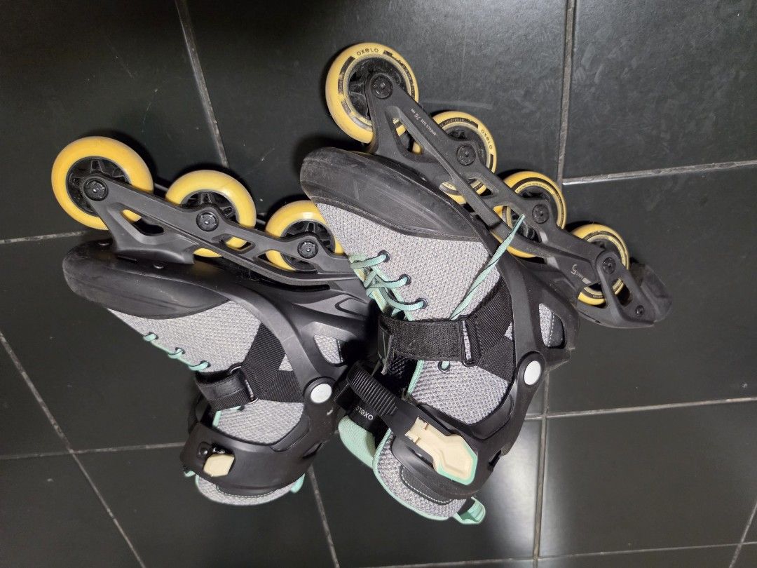 Oxelo Rollerblades (Category: Skates, Rollerblades & Scooters) located in Pasig City. Submitted by dmtp7 (Listing ID 1461893206, Image 2). Description: - Oxelo inline skates - Color: Grey and mint green - Size: 40 EU - Closure: Laces and velcro straps for a secure fit - Condition: Good, with minor scuffs from normal use - Comes with protection: knee pads and elbow pads - Perfect for skating around and your next skate session RFS: decluttering MOP