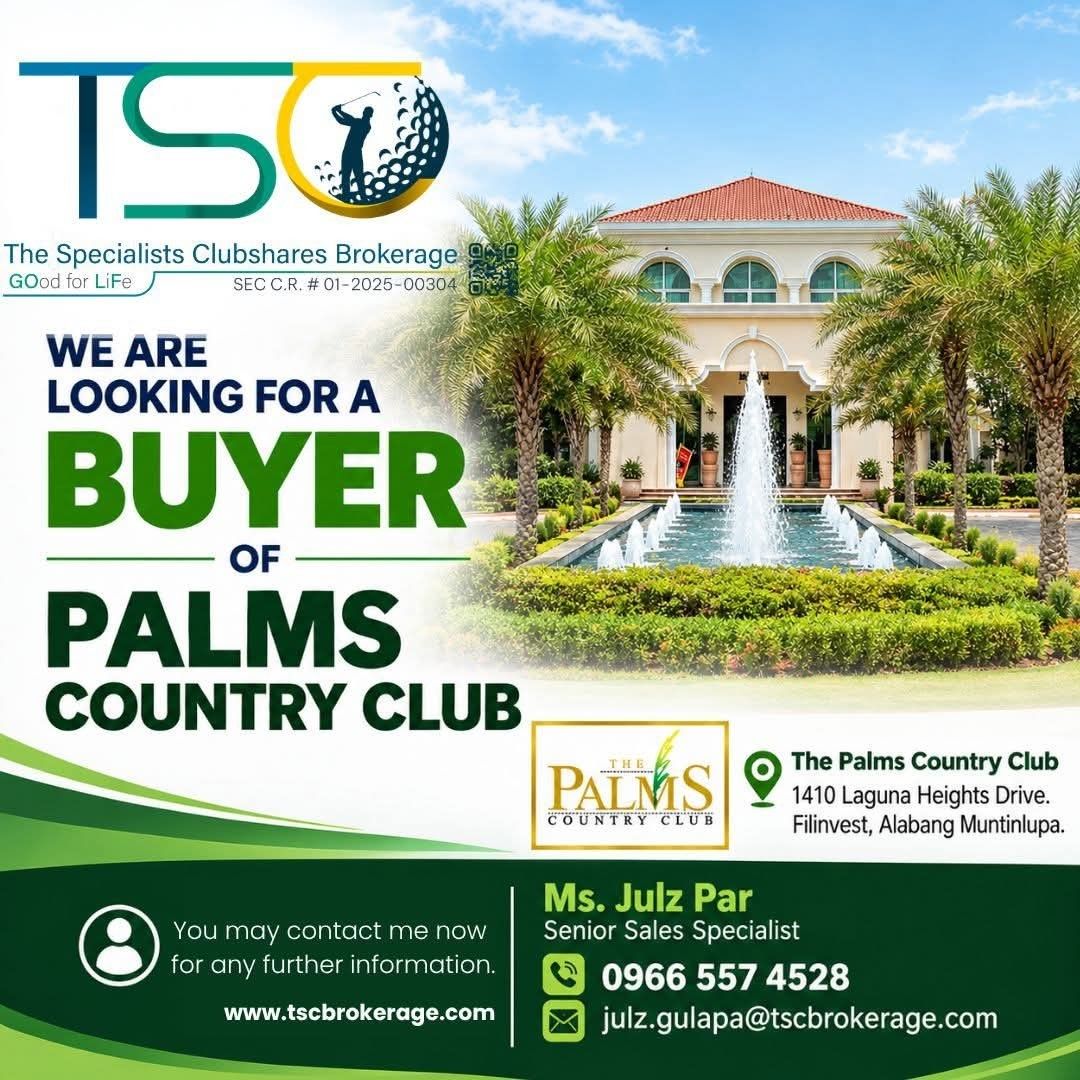 Palms Country Club (Category: Golf) located in Muntinlupa City. Submitted by tscjulzpar (Listing ID 1461899079, Image 1). Description: We are LOOKING for a BUYER! PALMS COUNTRY CLUB Inquire now! Referrals are also welcome. Ms. Julz Par Sales Specialist | The Specialists Clubshares #palmscountryclub #golfersph.
