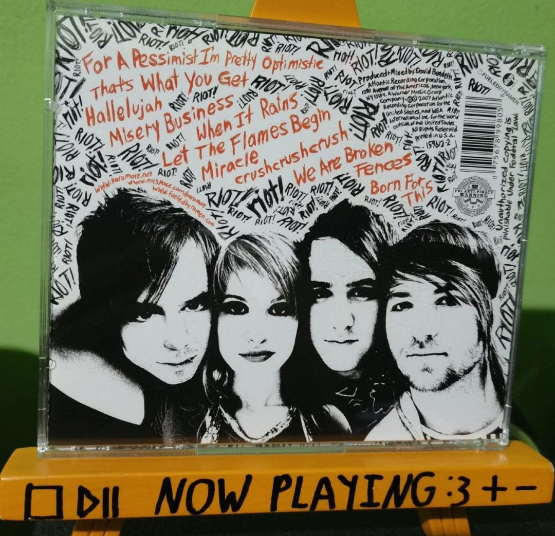 Paramore - Riot! (CD) (Category: CDs & DVDs) located in Pasig City. Submitted by windowlicker (Listing ID 1459325076, Image 3). Description: - Listings without photos are still in transit and are expected to arrive within the week - Near Mint condition (case not graded) - MOD: J&T or Lalamove - MOP: Gcash.