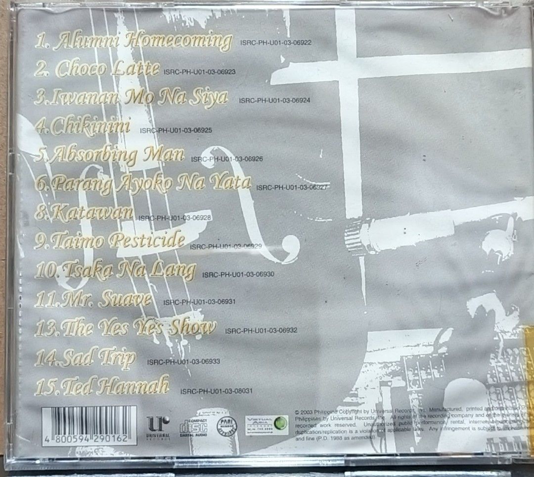 Parokya ni Edgar - Bigotilyo CD (Category: CDs & DVDs) located in Manila. Submitted by ruelcabrer77078 (Listing ID 1461967830, Image 3). Description: - Original CD of Parokya ni Edgar's 'Bigotilyo' album. - Features 15 tracks. - A must-have OPM album for collectors. - Released by Universal Records..