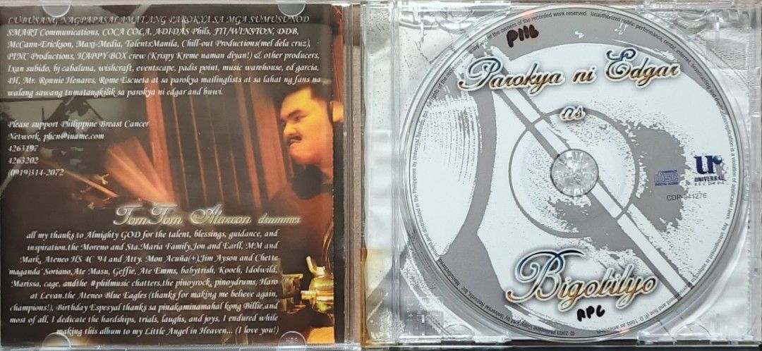 Parokya ni Edgar - Bigotilyo CD (Category: CDs & DVDs) located in Manila. Submitted by ruelcabrer77078 (Listing ID 1461967830, Image 2). Description: - Original CD of Parokya ni Edgar's 'Bigotilyo' album. - Features 15 tracks. - A must-have OPM album for collectors. - Released by Universal Records..