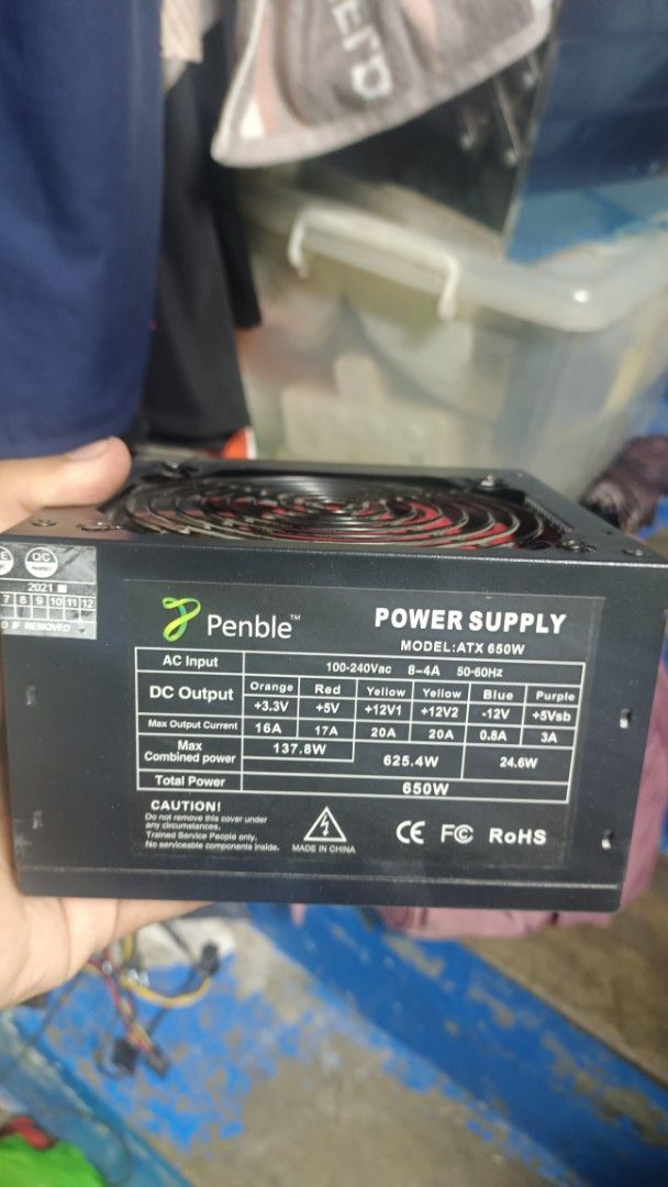 Penble ATX 650W Power Supply Unit (Category: Computer Parts) located in Manila. Submitted by puredeer_53ad7f (Listing ID 1461904415, Image 3). Description: - Brand: Penble - Model: ATX 650W - Total Power: 650W - AC Input: 100-240Vac 6-4A 50-60Hz - DC Output: +3.3V 16A, +5V 17A, +12V1 20A, +12V2 20A, -12V 0.8A, +5Vsb 3A - Condition: Tested and working - Origin: Made in China -No issue -No Pcie cable -Negotiable.