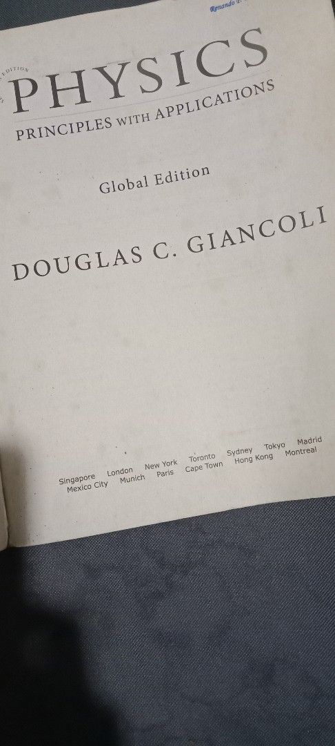Physics Principles with Applications by Douglas C. Giancoli (Category: Textbooks) located in Taguig. Submitted by liknayan (Listing ID 1461936359, Image 2). Description: - Title: Principles with Applications, Global Edition - Author: Douglas C. Giancoli - Edition: Seventh Edition - Publication: Published in the Philippines - Ideal for: Physics students - Features: Covers numerous real-world applications.