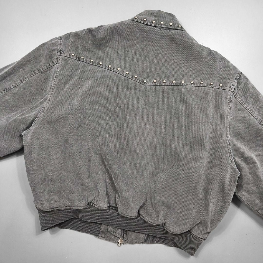 PLYMTONE STUDDED DENIM BLOUSON JACKET (Category: Coats, Jackets and Outerwear) located in Baguio. Submitted by curatedandselected (Listing ID 1461910001, Image 3). Description: Size: medium to large (boxy fit) Dimes: 27W x 25.5L Condition: 9.5/10 Fabric: padded denim.