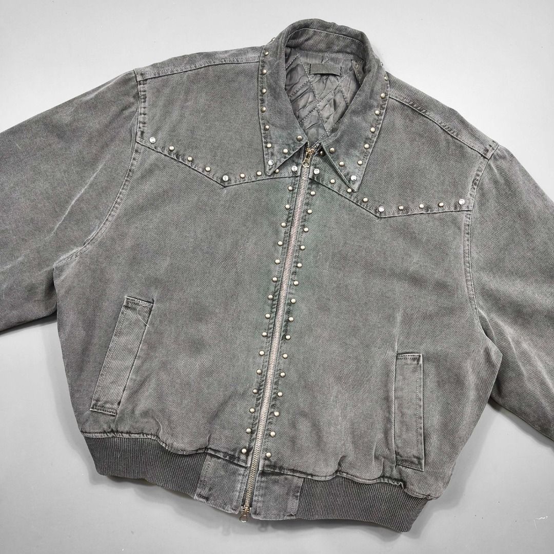 PLYMTONE STUDDED DENIM BLOUSON JACKET (Category: Coats, Jackets and Outerwear) located in Baguio. Submitted by curatedandselected (Listing ID 1461910001, Image 2). Description: Size: medium to large (boxy fit) Dimes: 27W x 25.5L Condition: 9.5/10 Fabric: padded denim.