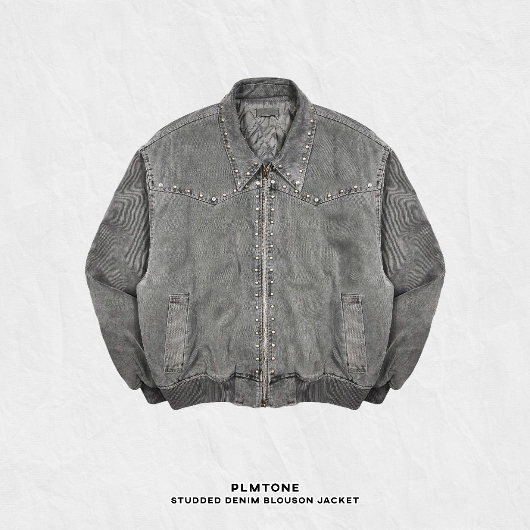 PLYMTONE STUDDED DENIM BLOUSON JACKET (Category: Coats, Jackets and Outerwear) located in Baguio. Submitted by curatedandselected (Listing ID 1461910001, Image 1). Description: Size: medium to large (boxy fit) Dimes: 27W x 25.5L Condition: 9.5/10 Fabric: padded denim.