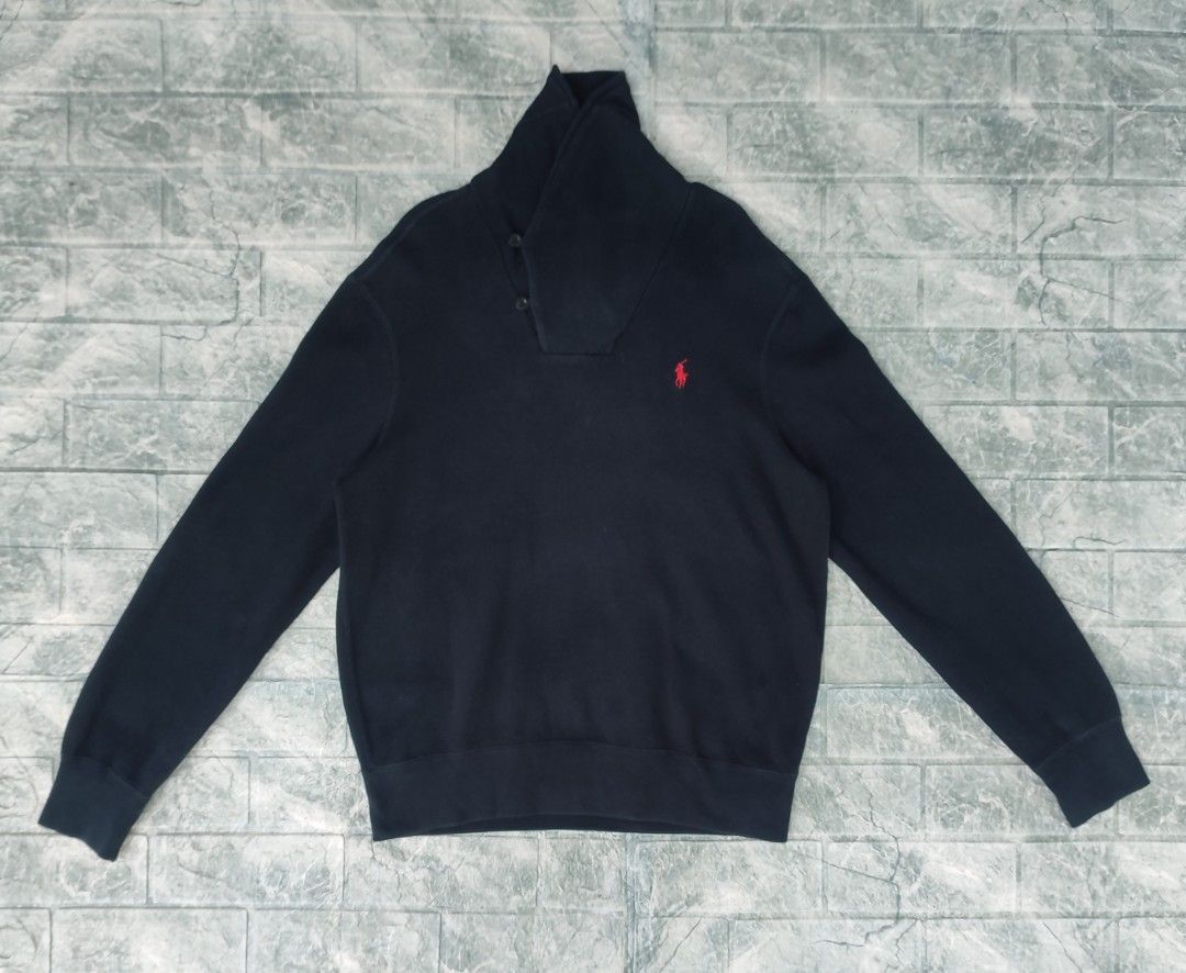 Polo Ralph Lauren Shawl Collar Pullover Sweatshirt (Category: Coats, Jackets and Outerwear) located in Bayambang. Submitted by mon10192816 (Listing ID 1461913433, Image 1). Description: - Width 21 - Length 26 - Issue Minor Fraying on Sleeve hem, check last photos - Polo Ralph Lauren sweater - 100% cotton - Mock neck with 2 button closure - Classic red pony logo on chest - Size Medium - Perfect for layering or standalone wear.