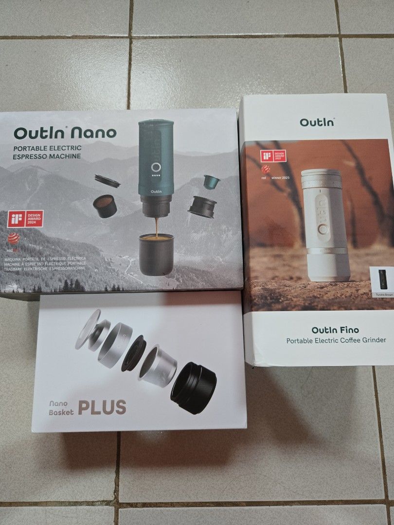Portable Espresso Machine + Grinder Set (Category: Coffee Machines & Makers) located in Manila. Submitted by hello.chinggu (Listing ID 1461861859, Image 1). Description: OutIn Nano + Fino Grinder + Basket Plus ☕️ Selling my OutIn Nano portable espresso setup, complete with: • OutIn Nano Portable Espresso Maker • OutIn Fino Hand Grinder • OutIn Nano Basket Plus Great for home, office, travel, or anyone who wants café-style espresso anywhere. Compa