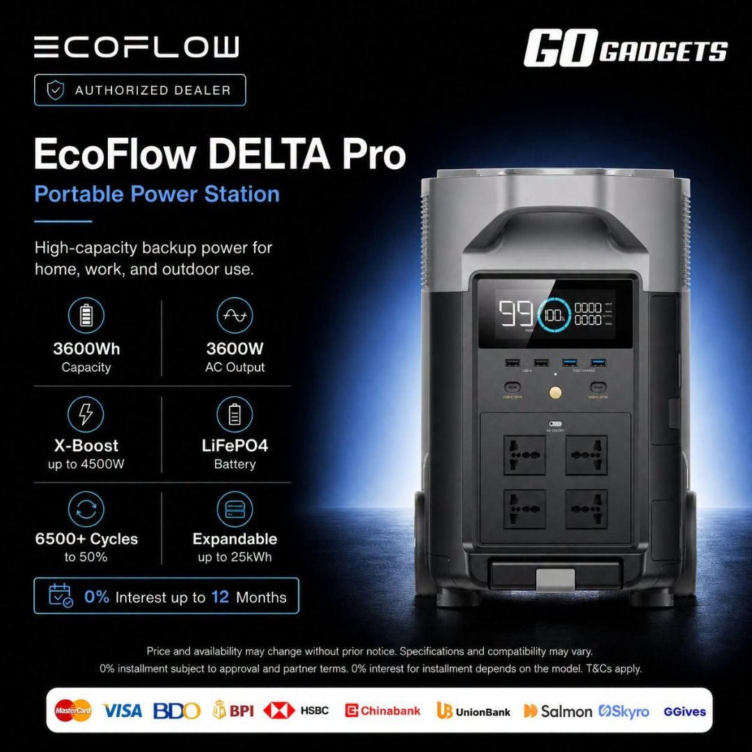 PORTABLE POWER STATION EcoFlow Delta Pro (Category: Batteries & Power Banks) located in Caloocan City. Submitted by kentsalvador31 (Listing ID 1461889063, Image 2). Description: PORTABLE POWER STATION EcoFlow Delta Pro Go Gadgets - Kawit Cavite 💬 Message us now for full specs & recommendations! 🌐 Suitable for: ✅ Home WiFi upgrade ✅ Whole-home WiFi coverage ✅ Condo / apartment WiFi ✅ Office WiFi setup ✅ Business WiFi setup ✅ Multiple device conn