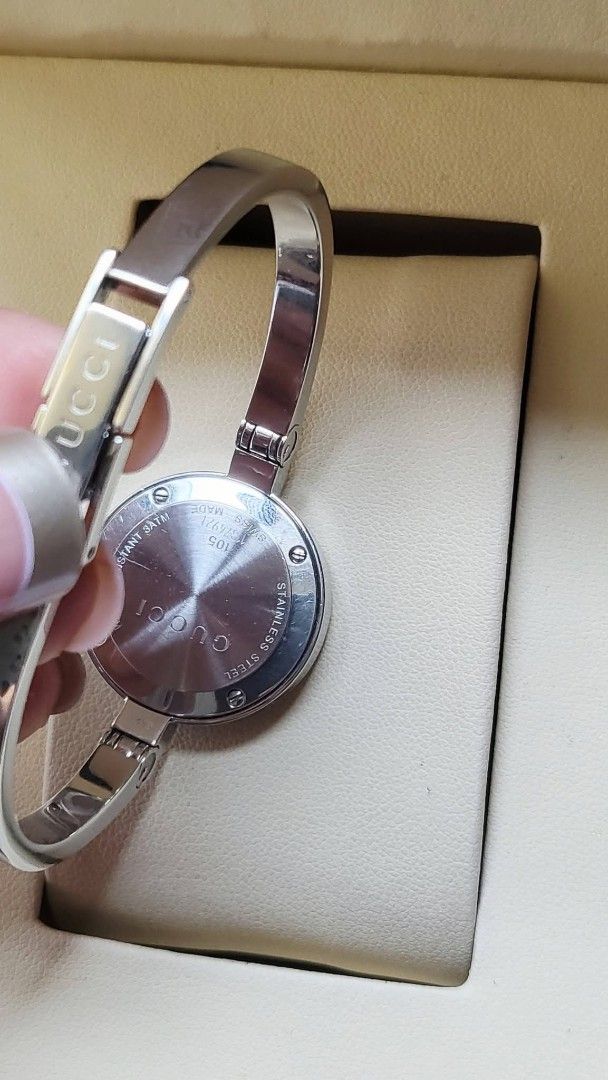 Preowned Authentic Gucci Cherryline Dial Bangle Watch for Women (Category: Luxury Watches) located in Manila. Submitted by rosewatches (Listing ID 1461954736, Image 3). Description: Preowned Authentic Gucci Cherryline Dial Bangle Watch for Women •Swiss made •fit up to 18cm wrist size •Like New Condition •Provided box only! (100% Original Preowned watch) {Ready for delivery/pickup/meetup} 📍Manila, Philippines for more affordable luxury! Follow us