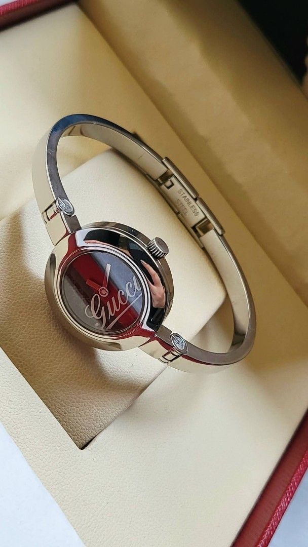 Preowned Authentic Gucci Cherryline Dial Bangle Watch for Women (Category: Luxury Watches) located in Manila. Submitted by rosewatches (Listing ID 1461954736, Image 2). Description: Preowned Authentic Gucci Cherryline Dial Bangle Watch for Women •Swiss made •fit up to 18cm wrist size •Like New Condition •Provided box only! (100% Original Preowned watch) {Ready for delivery/pickup/meetup} 📍Manila, Philippines for more affordable luxury! Follow us