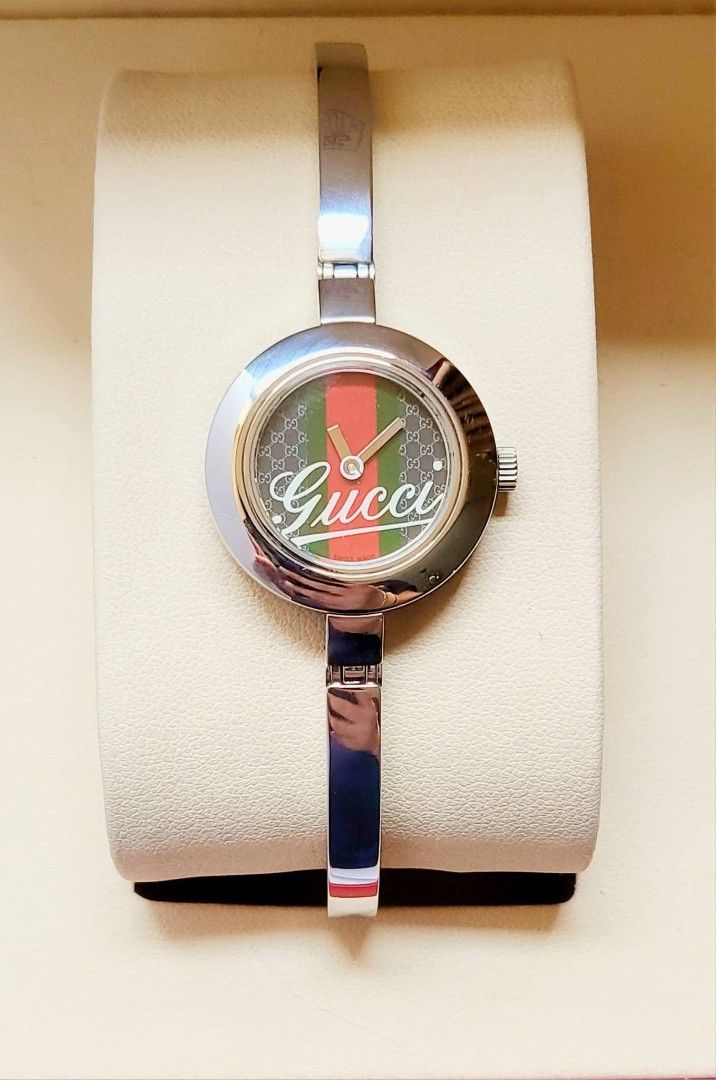 Preowned Authentic Gucci Cherryline Dial Bangle Watch for Women (Category: Luxury Watches) located in Manila. Submitted by rosewatches (Listing ID 1461954736, Image 1). Description: Preowned Authentic Gucci Cherryline Dial Bangle Watch for Women •Swiss made •fit up to 18cm wrist size •Like New Condition •Provided box only! (100% Original Preowned watch) {Ready for delivery/pickup/meetup} 📍Manila, Philippines for more affordable luxury! Follow us