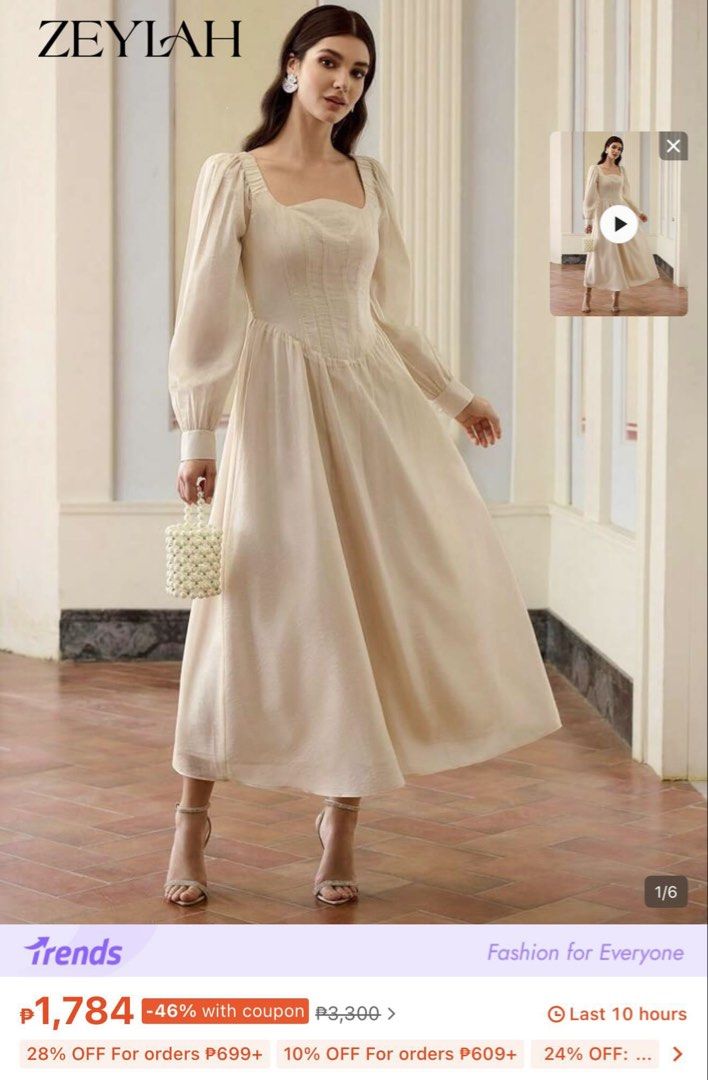 Puff Sleeve Midi Dress (Category: Dresses) located in Manila. Submitted by camiepink_0618 (Listing ID 1461936167, Image 2). Description: Square Neck Gown Champagne Gold✨ Perfect pang event Bought for 2.3k in Shein before (1.7k na ata now) My Price: 999 Size: Large￼.