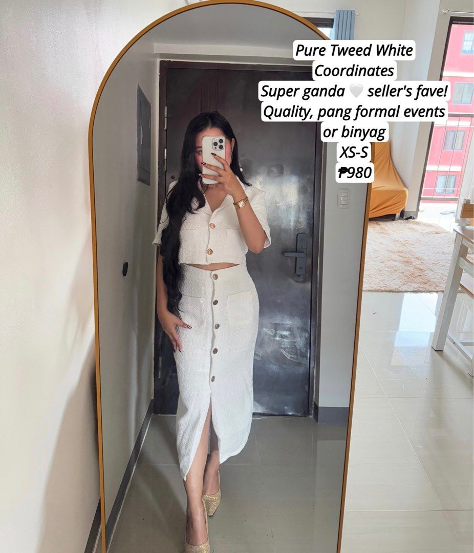 Pure Tweed White Coordinates Set (Category: Sets or Coordinates) located in Quezon City. Submitted by ronavillezar (Listing ID 1462026873, Image 1). Description: - Pure white tweed coordinate set - Seller's favorite and super ganda! - High-quality material - Ideal for formal events or christenings (binyag) - Fits XS-S sizes.