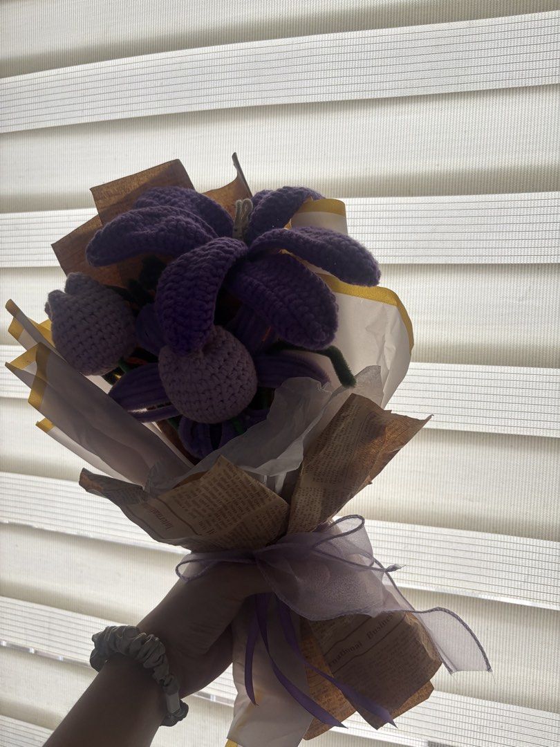 PURPLE CROCHET BOUQUET (Category: Flowers & Bouquets) located in Manila. Submitted by maia_gurrea3 (Listing ID 1461841832, Image 3). Description: stems included: 2 lily 2 tulips (can add one more stem for the sure buyer) U CAN MESSAGE ME ON FB: Maia Thea Gurrea location: tondo / manila area MOP: gcash / cod through lalamove MOD: lalamove.