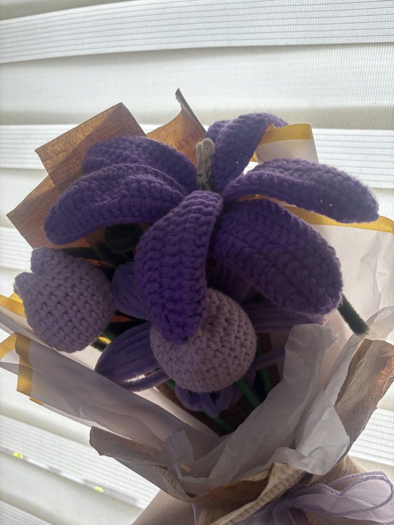 PURPLE CROCHET BOUQUET (Category: Flowers & Bouquets) located in Manila. Submitted by maia_gurrea3 (Listing ID 1461841832, Image 2). Description: stems included: 2 lily 2 tulips (can add one more stem for the sure buyer) U CAN MESSAGE ME ON FB: Maia Thea Gurrea location: tondo / manila area MOP: gcash / cod through lalamove MOD: lalamove.