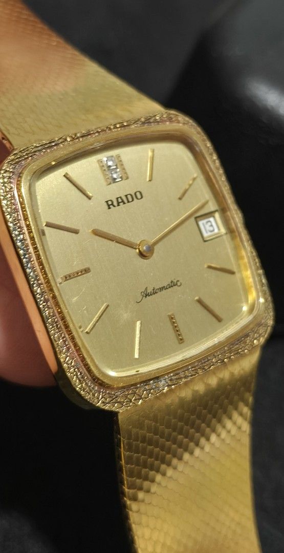 Vintage Rado Automatic Dress Watch (Category: Men's Watches) located in Quezon City. Submitted by jtgabs (Listing ID 1461887628, Image 3). Description: - Vintage Rado watch, 1970s to 1980s - Brushed champagne gold dial -Textured Gold Plate Finishes; integrated mesh style bracelets - Automatic movement - Date window at 3 o'clock - Bezel with small diamonds - "Gangster Style" or "Mafia" Rado - Watch only; "As Is".