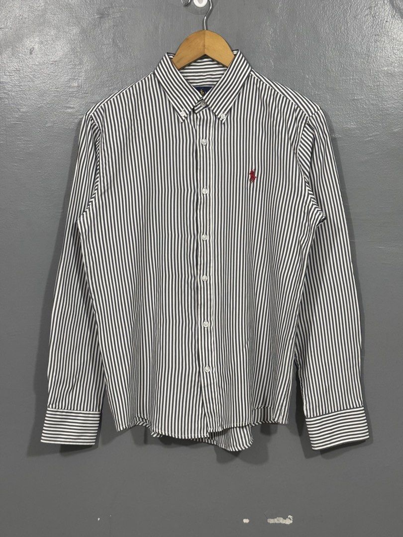 Ralph Lauren - Stripes Button Down Polo (Category: Longsleeves) located in Manila. Submitted by sophisticatedgoons (Listing ID 1461981678, Image 1). Description: Ralph Lauren Blurred Lines Stripe Button Down Polo Red Pony Logo Size: L Dimes: 20" bust x 26-26.5" length Flaw: Minor line line near in pony logo Presentable with extra 2 buttons in care tag.