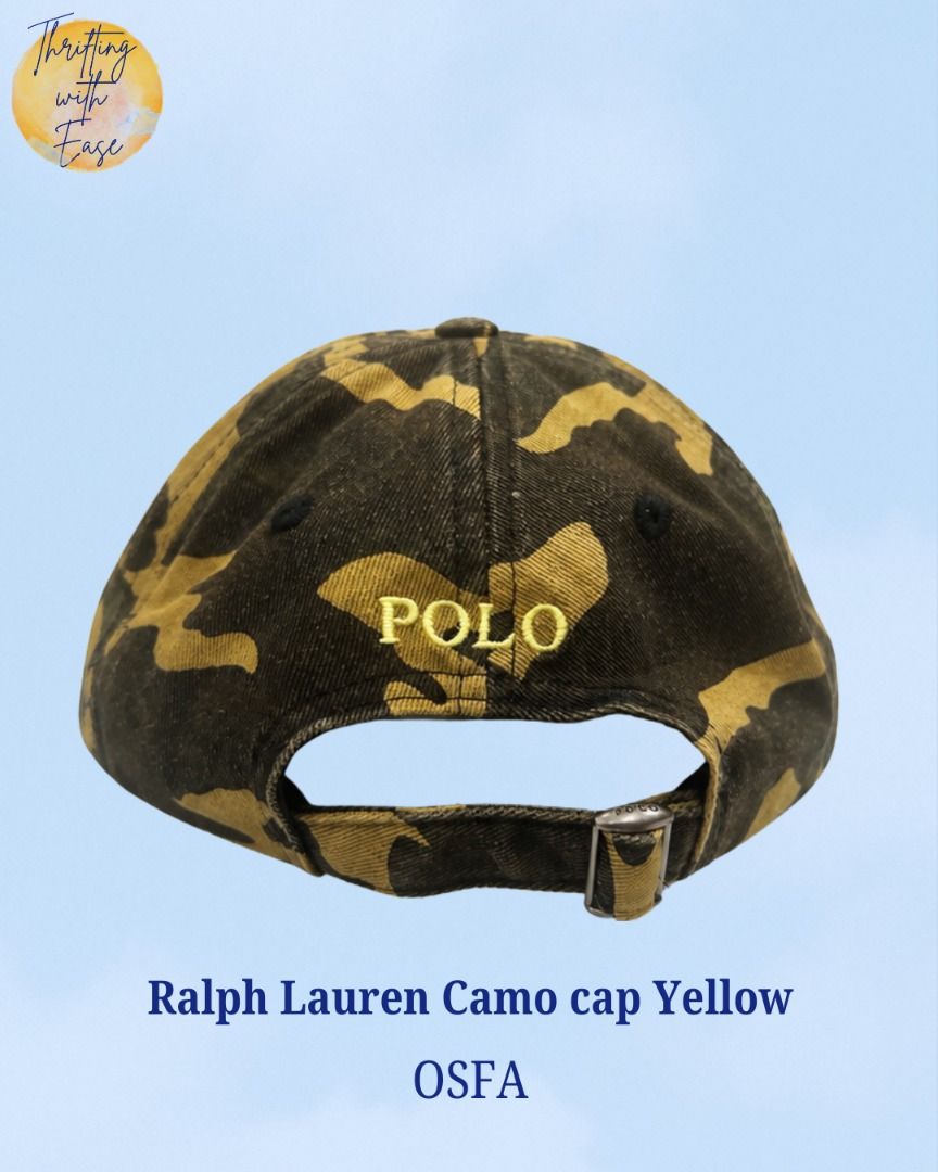 Ralph Lauren Camo cap Yellow (Category: Caps & Hats) located in Manila. Submitted by tr_w_ez (Listing ID 1461825247, Image 2). Description: Thrifting with ease is not affiliated or associated with any of the brands featured. All trademarks and copyrights reserved to the original brand holders. Size: OSFA Condition: 9.8/10 Color rate: 10/10 Issue: None Authenticity: Legit & Proven authentic Note📌: Comment mine or dm me for payment & shipping Take