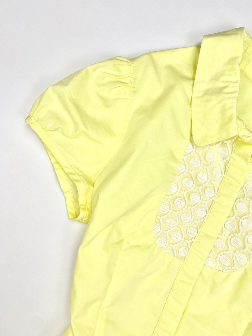 Random Pastel Yellow Lace Bib Button Down (Category: Blouses) located in Angeles City. Submitted by fruits.ph (Listing ID 1461902921, Image 3). Description: Measurements B:16” W:14” L:23” Size on Tag:S Best Fit: S-M *Flat lay measurements* Mannequin Size: M (34”; 25”) Color Rate: 10/10 Flaws: None Fabric Type: Cotton Polyester/ Non-Stretch Fabric ***Color may vary due to lighting. This item is properly washed and disinfected.***.