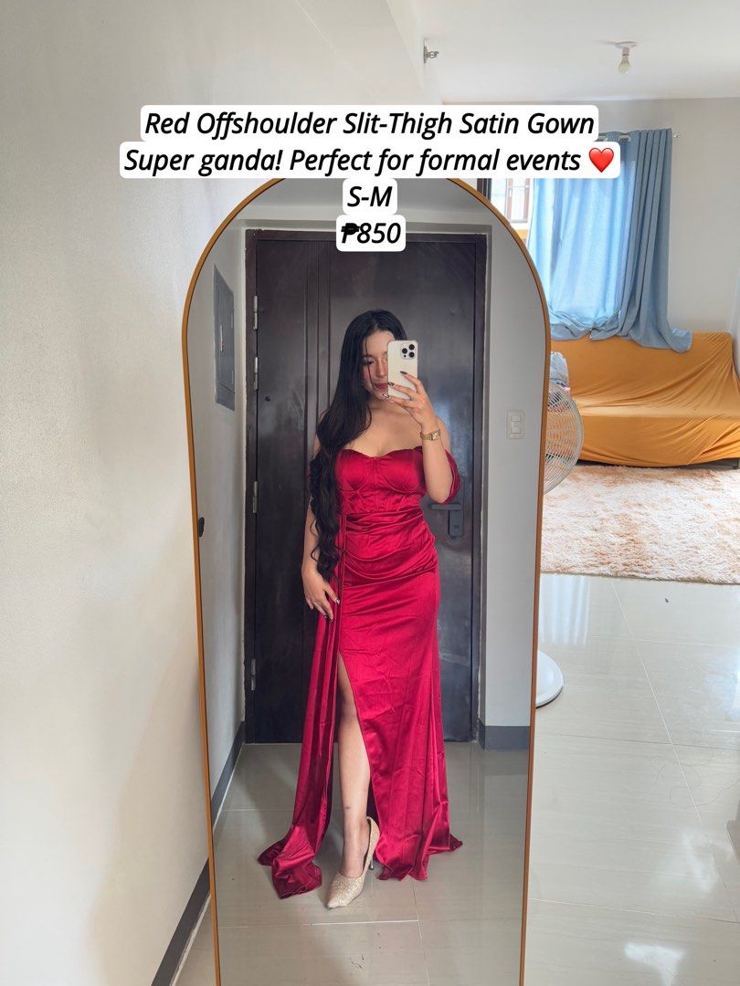 Red Off-Shoulder Satin Gown with Slit (Category: Evening dresses & gowns) located in Quezon City. Submitted by ronavillezar (Listing ID 1462026590, Image 2). Description: - Elegant red off-shoulder satin gown - Features a daring thigh-high slit - Ideal for formal events and parties - Fits sizes Small to Medium - Selling for P850.
