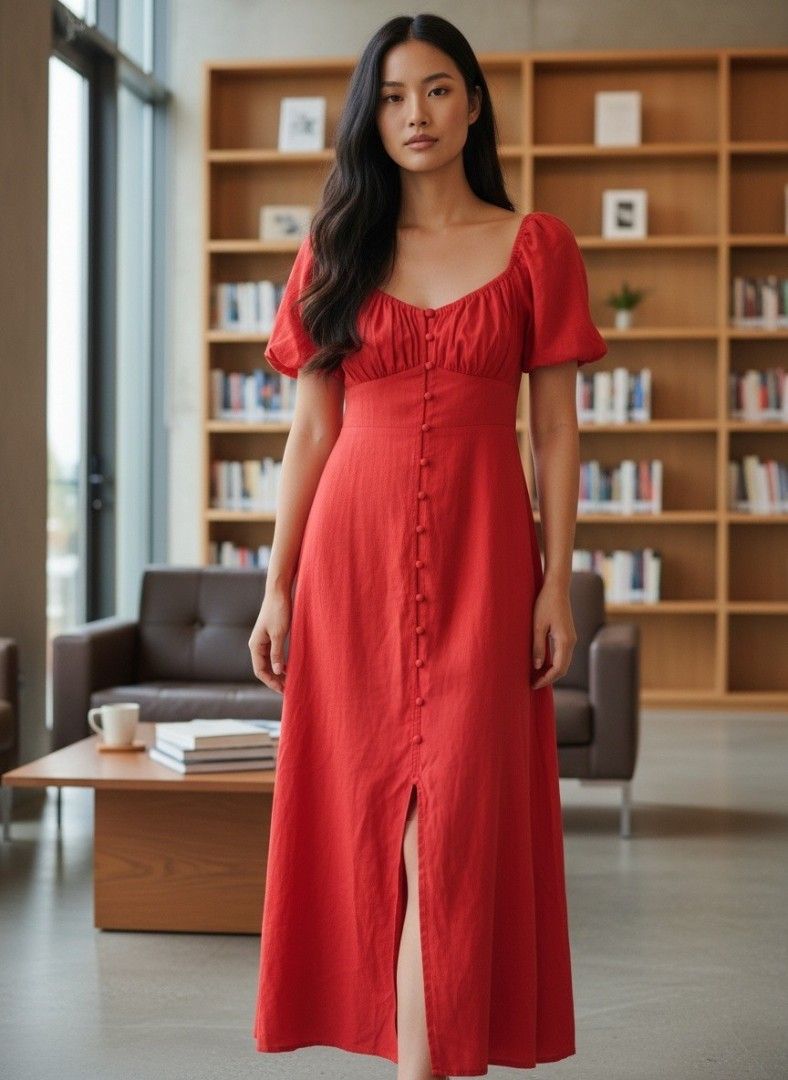 Red Puff Sleeve Button Front Maxi Dress (Category: Dresses) located in Dasmarinas. Submitted by sarahrsd (Listing ID 1461940188, Image 2). Description: - Eye-catching red maxi dress - Trendy puff sleeves - Elegant square neckline - Functional button-down front buttons - High leg slit.