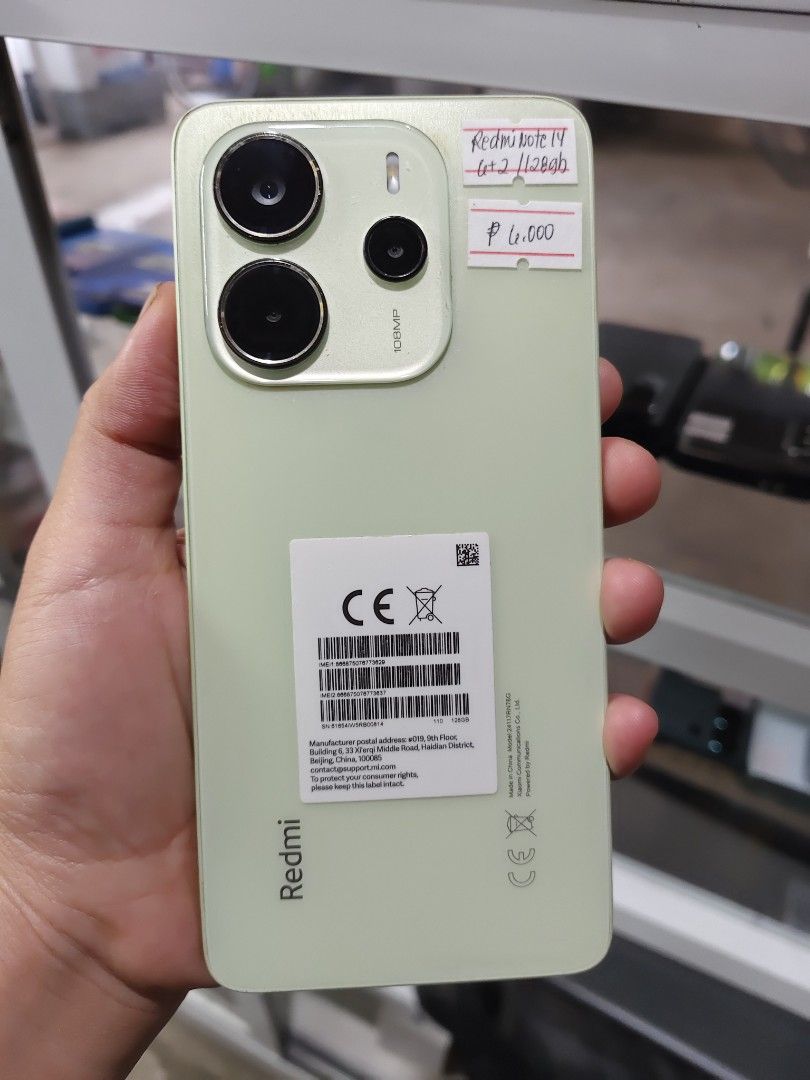 REDMI NOTE 14 (Category: Early Generation Mobile Phones) located in Manila. Submitted by atejo_store (Listing ID 1461929114, Image 3). Description: REDMI NOTE 14 💛 8+4/256GB - 7,000 6+2/128GB -6,000 8+4/128GB -6,500 * Display: 6.67” AMOLED, 120Hz * Processor: MediaTek Helio G99-Ultra * Main Camera: 108MP AI triple camera * Selfie: 20MP * Battery: 5,500mAh * Charging: 33W Turbo Charging * Protection: Corning Gorilla Glass 5 * OS: Xiaomi HyperOS *