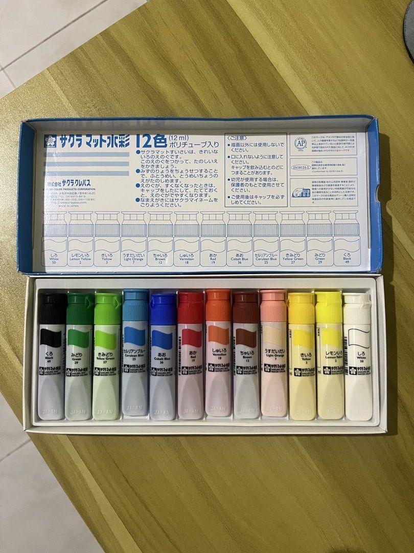 Sakura Mat Water Colors 12 Colors Set (Category: Craft Supplies & Tools) located in Santa Rosa. Submitted by aksgirl (Listing ID 1461817443, Image 2). Description: - Sakura Mat Water Colors Set - Includes 12 tubes of paint (12ml each) - Wide range of colors for various art projects - Ideal for students and hobbyists - Made in Japan.